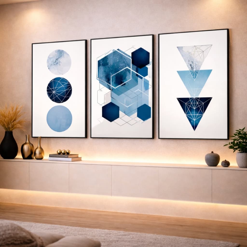 Quadro Decorativo Geométrico Triangular Circulo Azul Moderna Sala Quarto Hall 3 Peças