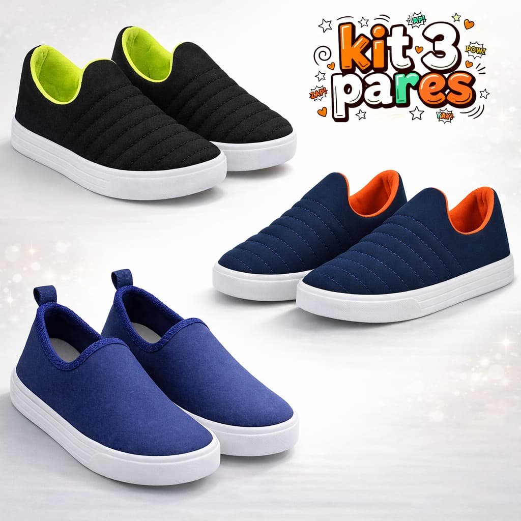 Kit 3 Pares Tênis Calce Fácil Infantil Masculino Confortável