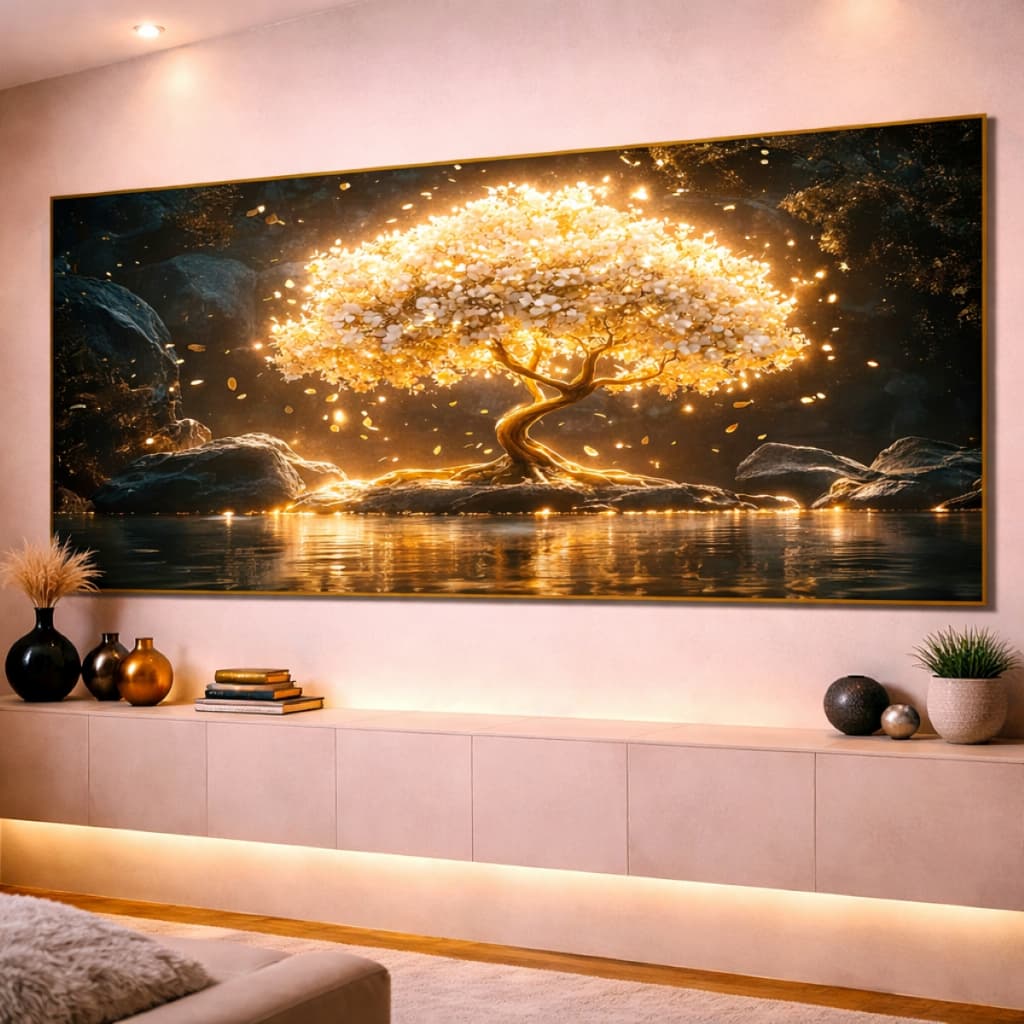 Quadro Arvore Da Vida Luz Pétala Branca Ouro Moderna Luxo HD Grande 112x80 1 Peça