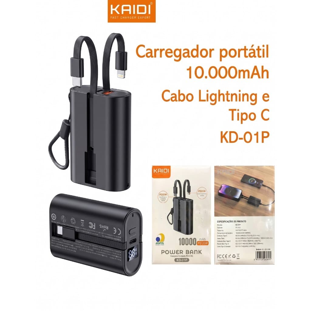 Carregador Portátil Power Bank 10000mAh Kaidi Turbo Visor Led PD 20W Dois Cabos Embutidos KD-01P