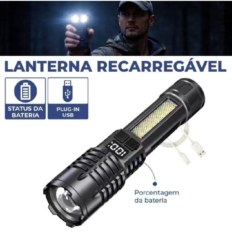 Lanterna LED Recarregável com Zoom Telescópico e Zoom Ajustável