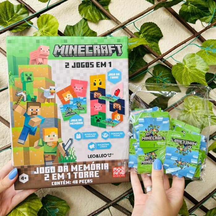 Jogo Da Memória 2 Em 1 Torre Minecraft 48 Peças Caixa Leo&Leo - Brinquedo Interativo Presente