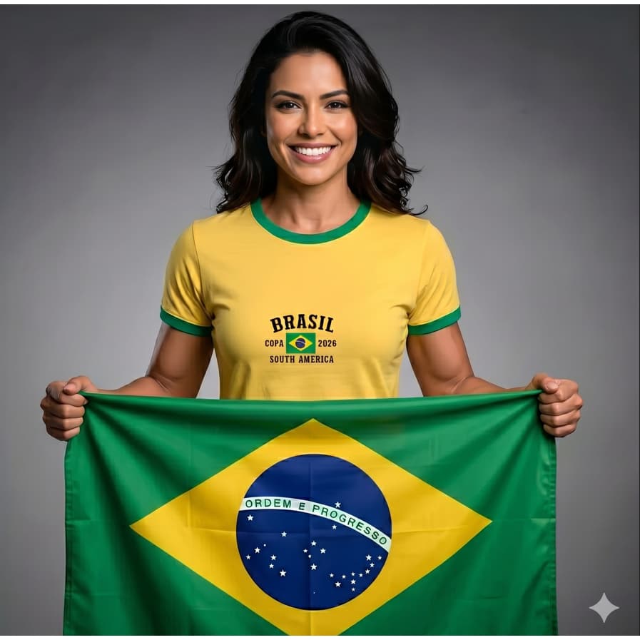 Camiseta Feminina BRASIL + BRINDE = BANDEIRA DO BRASIL Lançamento PERSONALIZADA COM SEU NOME Em 100% Algodão BRASILEIRA
