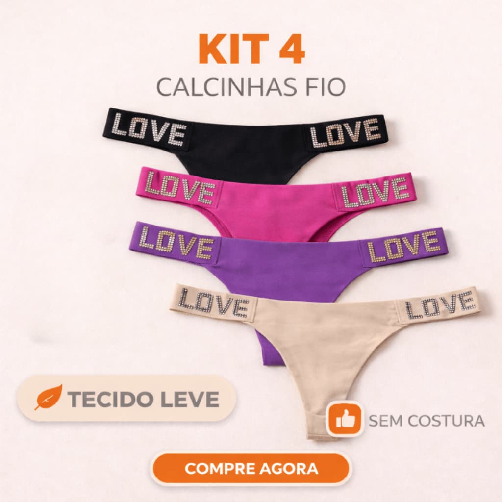 Kit 4 Calcinhas Fio Dental Strass Love Secret Cores Variadas confortavel