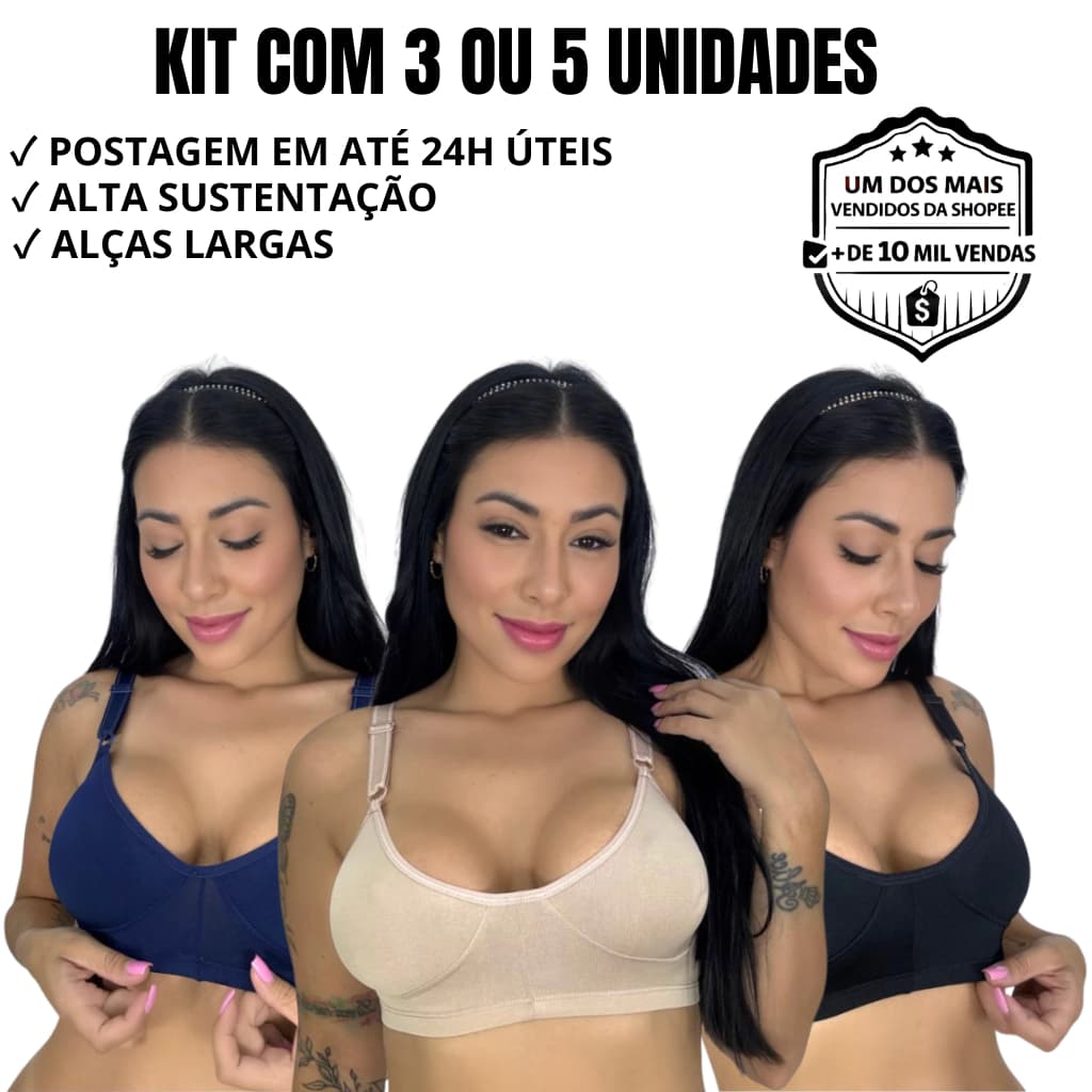 Kit 5 ou 3 Sutiã Reforçado Sustentação Sem Bojo Sem Aro Alça Larga Confortável