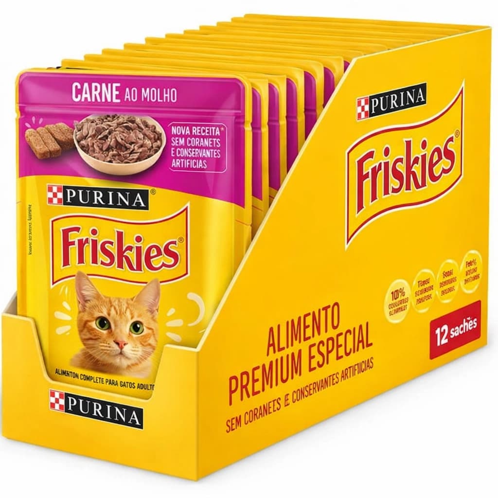 Caixa Ração Úmida Gato Friskies Sachê Carne ao Molho 85g – Kit com 12 Unidades | Alimento para Gatos Adultos