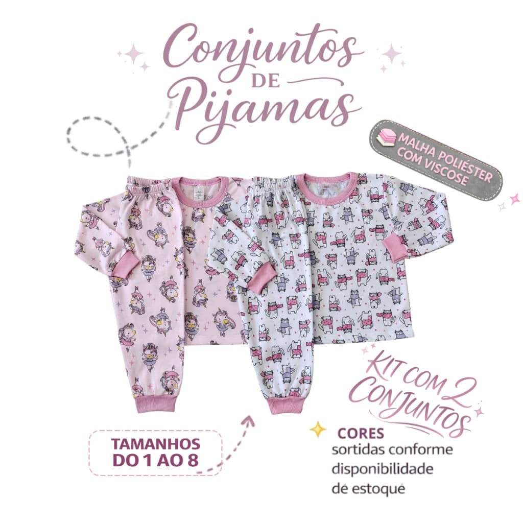Kit 2 Conjuntos Pijamas Infantil Quentinho Peluciado Flanelado Menina Inverno Frio 1 ao 8