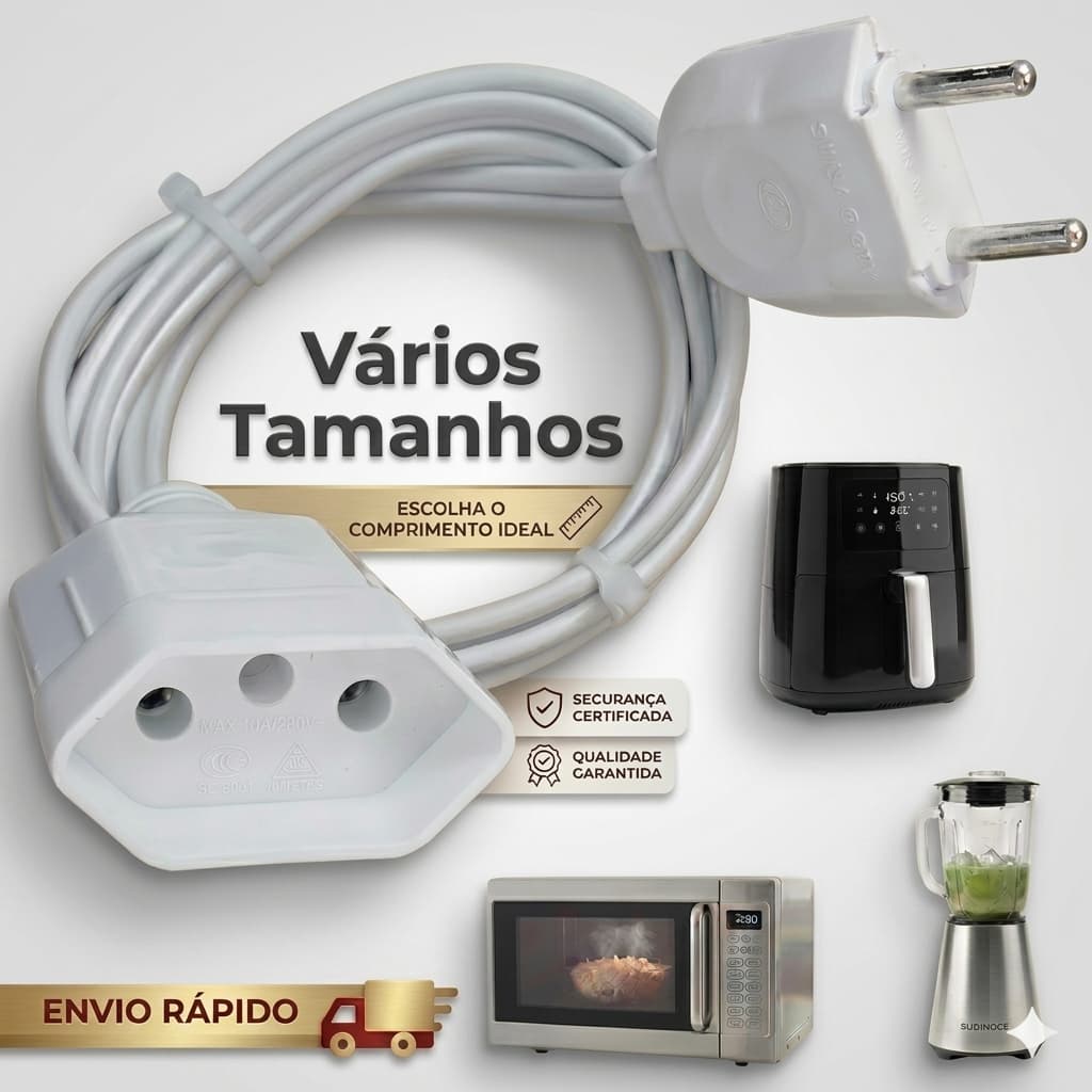 Extensão Elétrica Branca - 0,5/1/2/3/5 Metros Cabo PP 2x1,5 | Prolongador De Energia Certificado | Bivolt 10A