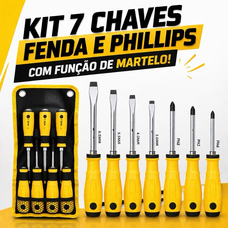 Kit DE 7 CHAVES DE FENDA E PHILLIPS COM CABO DE IMPACTO E FUNÇÃO DE MARTELO PROFISSIONAL