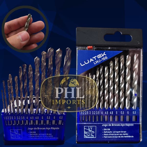 Kit Jogo de Brocas 13 Peças Aço Rápido 1.5 a 6.5mm Metal Madeira Plástico Alta Resistência Luatek