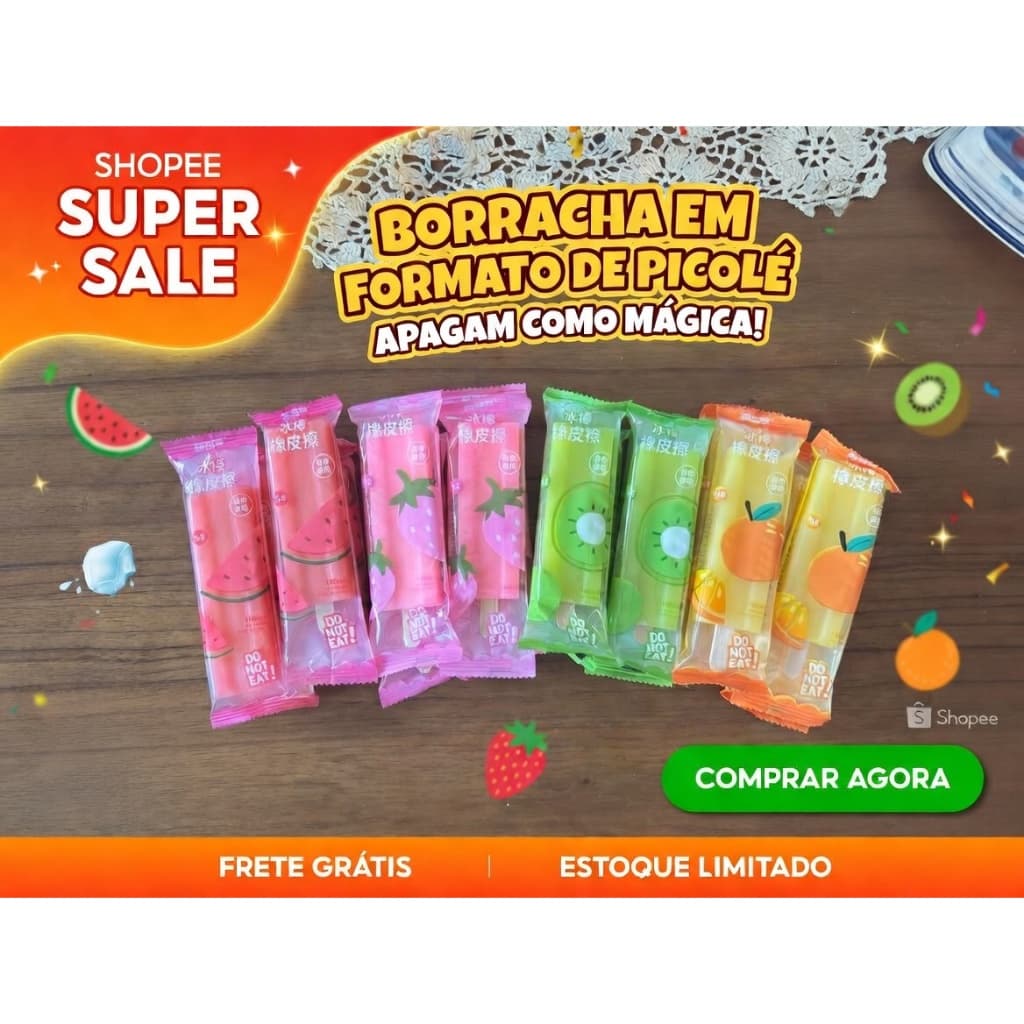 Borracha Picolé Fofa Frutas Coloridas Apaga Bem Material Escolar Infantil