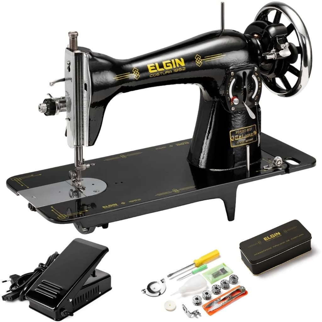 Máquina de Costura Elgin Reta Doméstica Pretinha Com Motor e Pedal Acelerador
