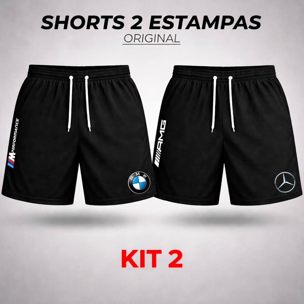 Shorts Tactel Estampado Kit 2 Masculino BMW Mercedes Secagem Rápida Leve Casual Lazer Academia