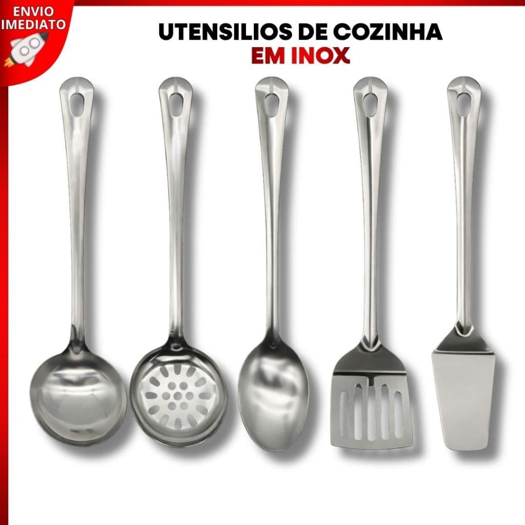 Kit Utensílios Cozinha em Aço Inox Concha Escumadeira Espátula Colher Servir