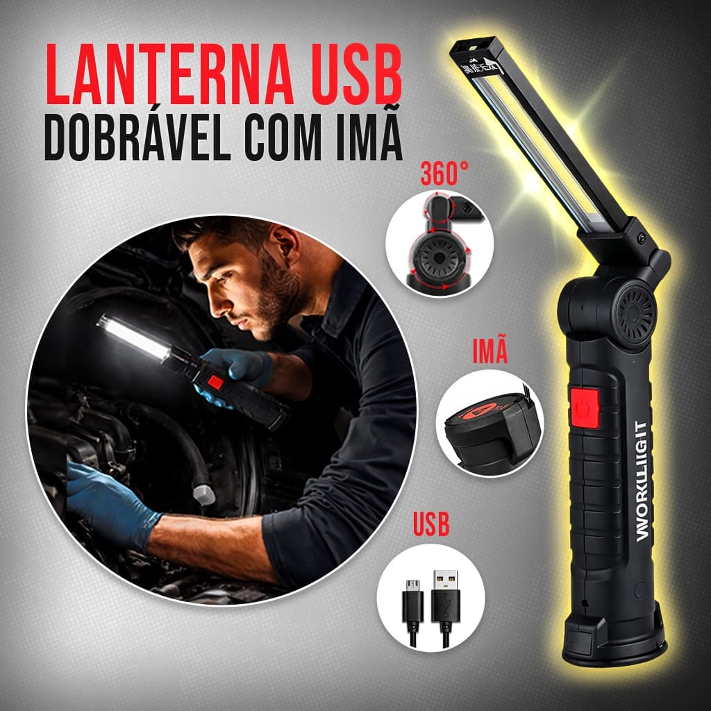 Lanterna LED Dobrável Recarregável com Ímã 360° 5 Modos De Luz COB Magnética