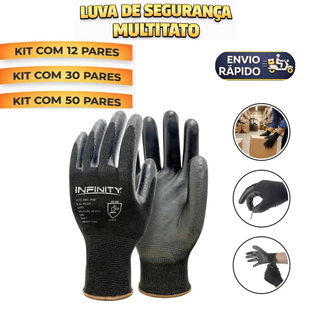Luva De Segurança Multitato Tatil Banhada Luva Pu Black P M G GG Mecanico Pedreir Eletricista
