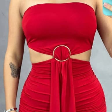 Vestido Feminino Argola Tomara Caia Amarração Detalhe Barriga Fenda