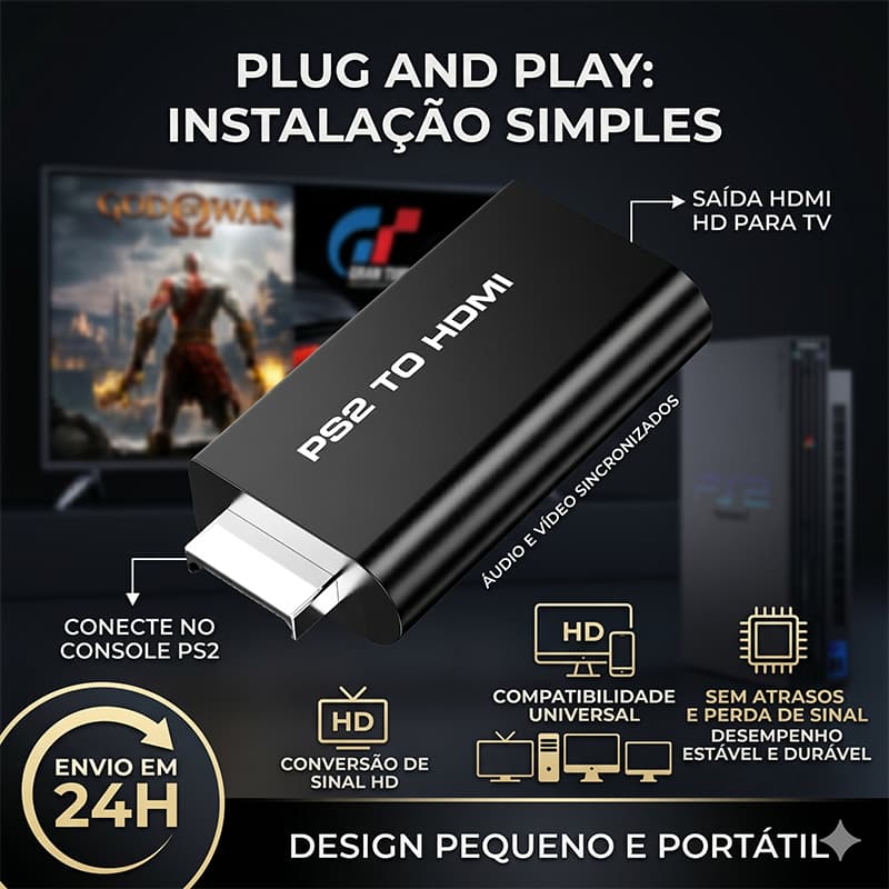 Adaptador conversor Ps2 Áudio e Vídeo Av para cabo de interface multimídia HD