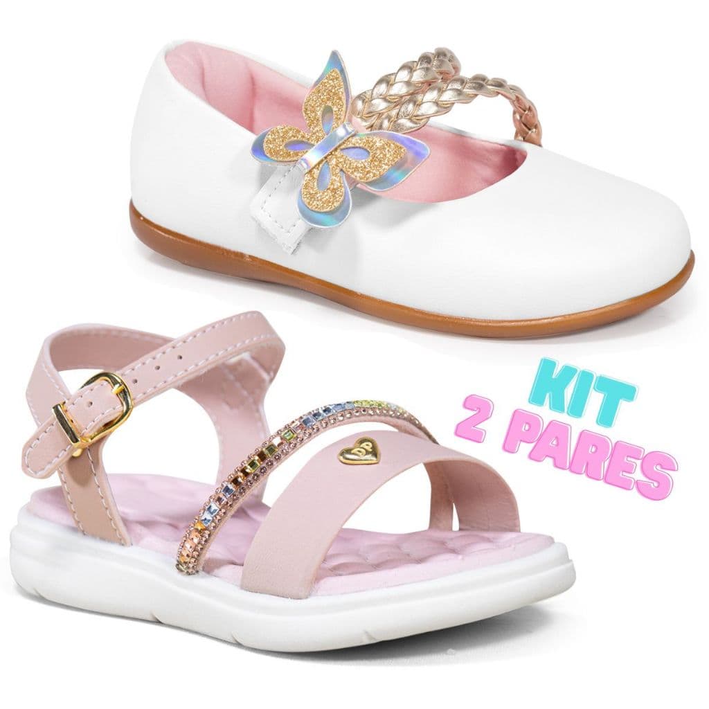 Kit 2 Pares Sapatilha Infantil Menina Brilho e Sandália Delicada Leve Festa Passeio Dia a Dia