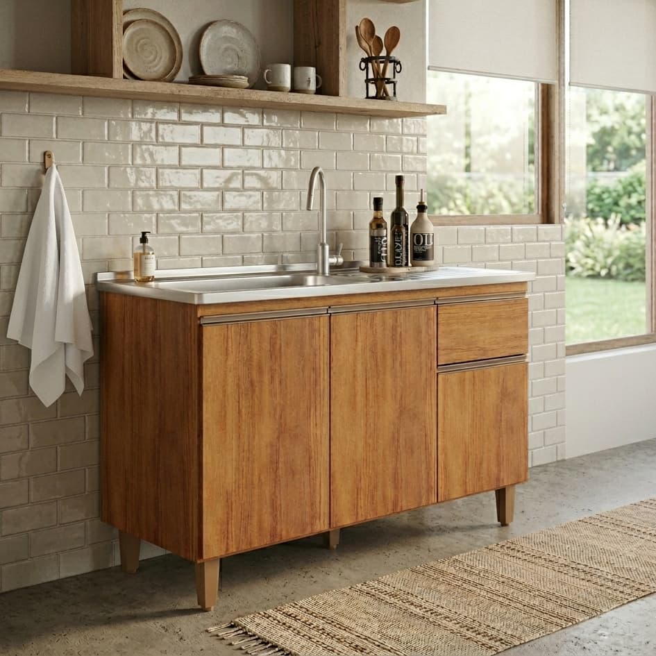 Balcão Armário Cozinha Lavanderia Canadá MDF MDP Canadá 120 CM 3 Portas 1 Gaveta Puxador Metalico Pés PVC Sem Pia - AV