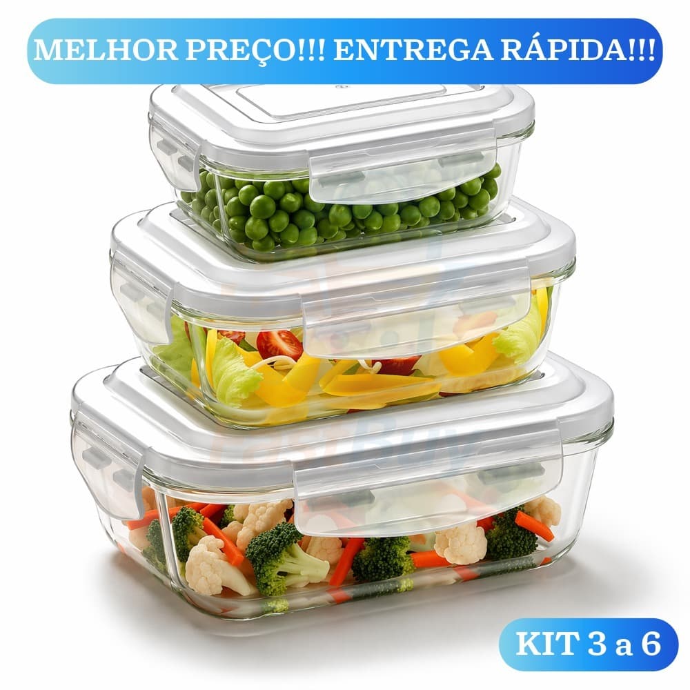 Kit 3 Potes Vidro com Tampa Hermética Marmita Resistente BPA Free Armazena Alimentos