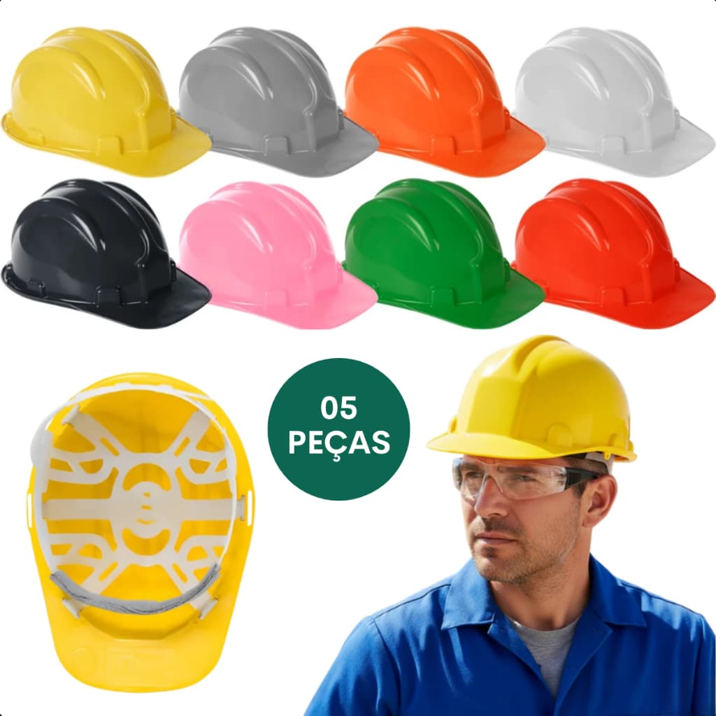 Kit 5 Capacete De Segurança Com Carneira Para Obra Proteção Trabalho Epi Construção Civil Plastcor