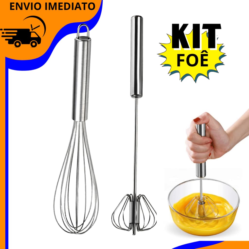 Kit 02 Unidades Fue Batedor De Ovos + Batedor Semi Automático Inox De Massas Bolos Premium