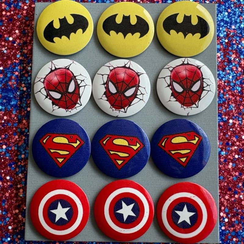 Kit com 12 ou 24 Ímas de Geladeira Tema MARVEL SUPER HERÓIS - ARANHA, AMÉRICA, BATMAN E SUPERMAN