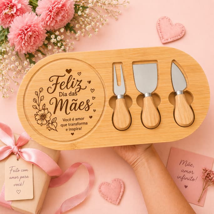 Presente Dia das Mães Tábua de Frios Bambu com Facas Petisqueira Personalizada