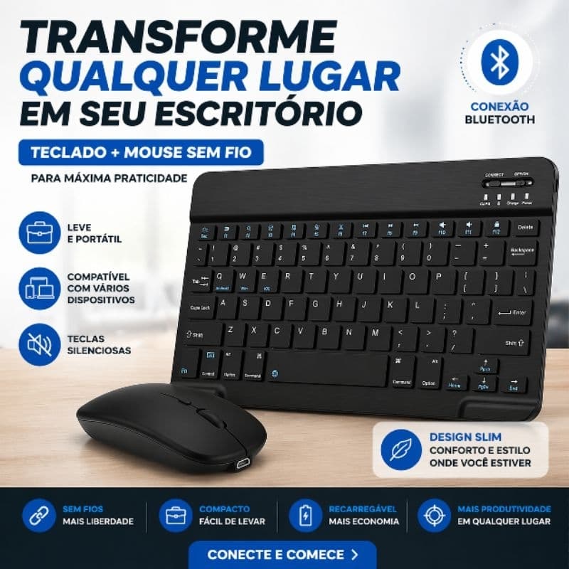 Teclado e Mouse Sem Fio Bluetooth Slim Para Notebook Tablet Android iOS Windows Recarregável