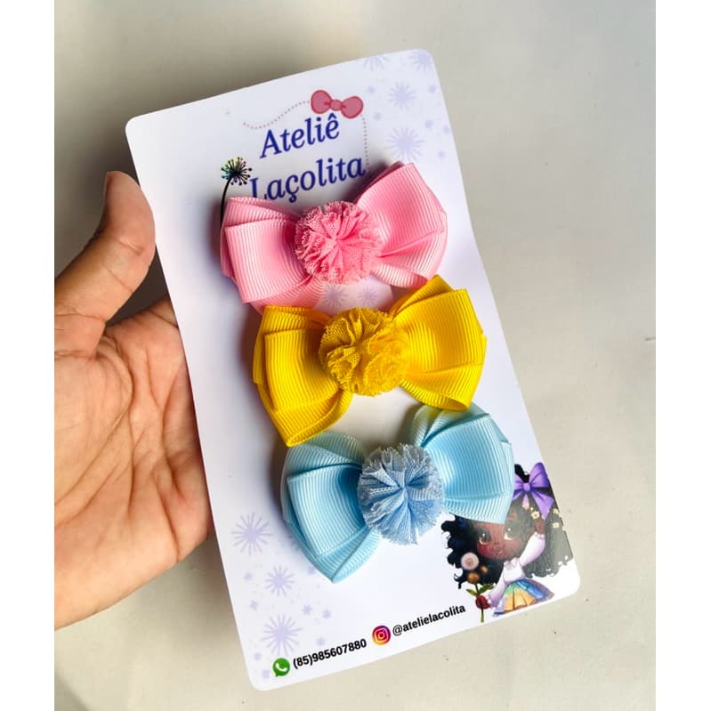 kit laço , 3 laços cruzados com pompom , varias cores
