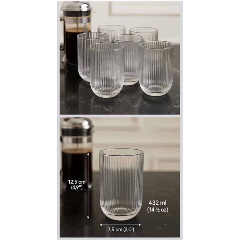 Jogo com 6 Copos de Vidro Canelado 423ml Ideal para Suco Água Refrigerante Drinks e Café para Cozinha Bar e Restaurante