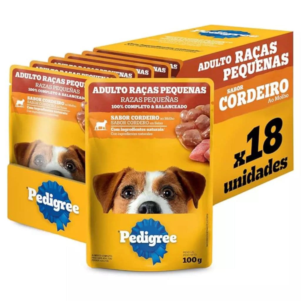 Kit com 18un Ração Úmida Pedigree Sachê Cordeiro Cães Adultos Raças Pequenas 100g