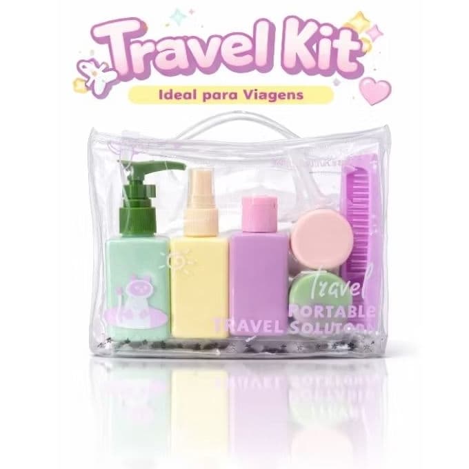 Kit Viagem Frascos Portáteis 6 Peças + Necessaire Transparente | Shampoo, Creme, Perfume e Cosméticos