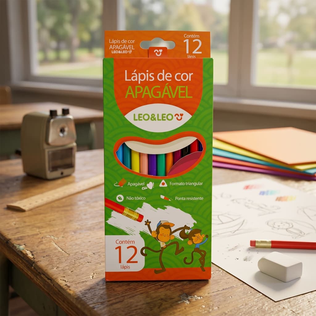 Lápis de Cor Triangular Apagável 12 Cores Leo&Leo Escolar Desenho Artístico Colorir Estudo