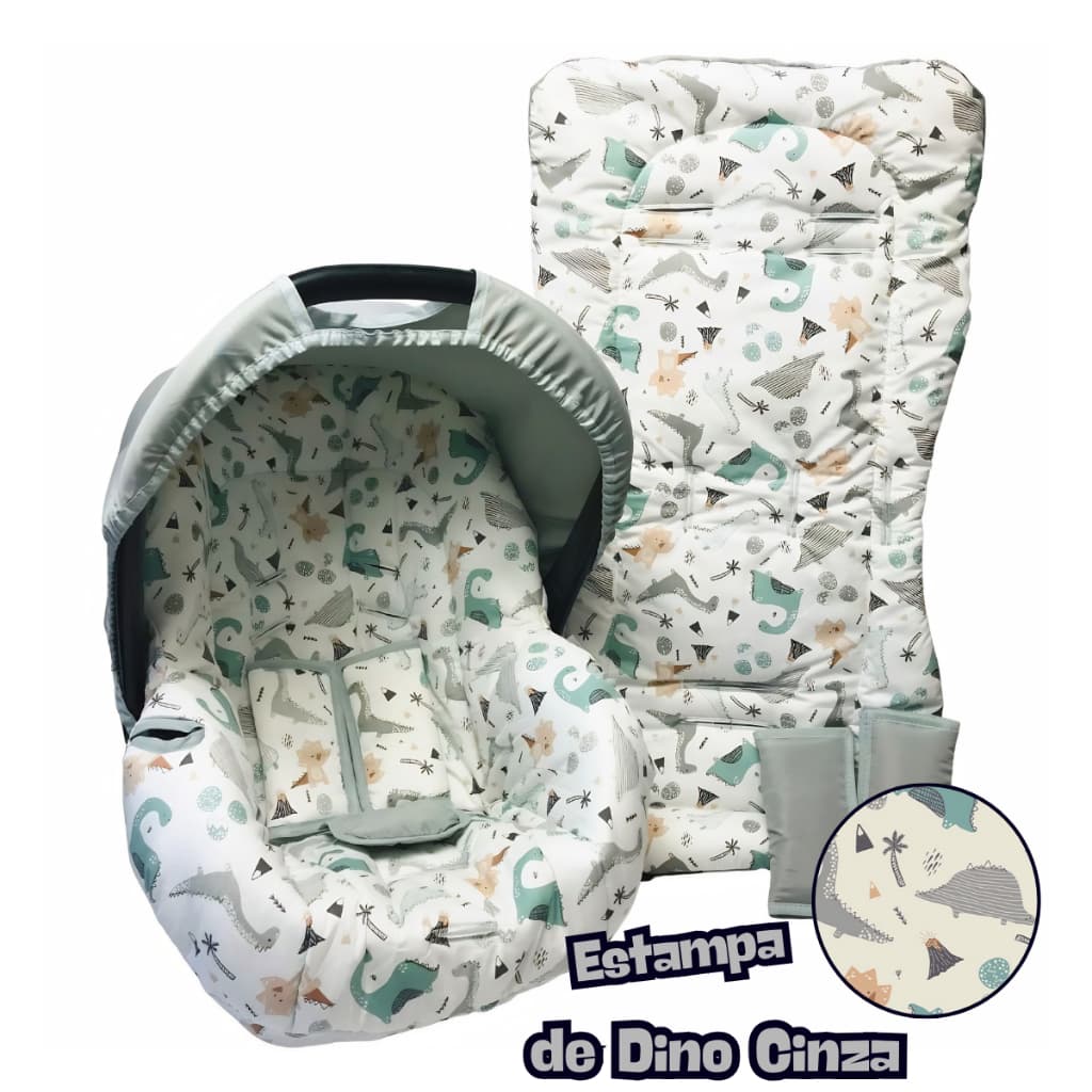 CAPA DE BEBE CONFORTO E CAPA CARRINHO - DINO CINZA SAFARI KAKI MENINOS