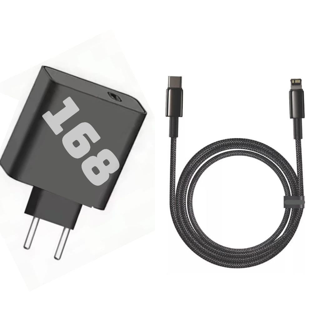 FONTE 168w TURBO + CABO TRANÇADO PD-LIGHTNING 1-2 METROS P/IPHONE X XR 11 12 13 14 PRO MAX PLUS
