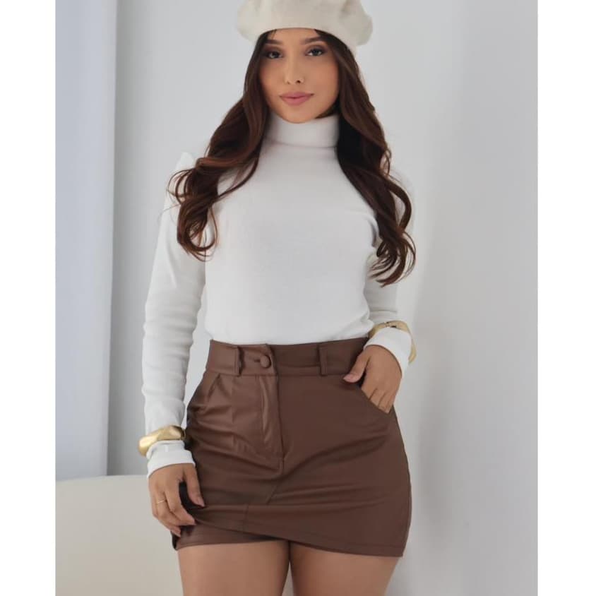 Saia Curta Feminina Couro Fake Resinado Cintura Alta Tendência Moda Inverno