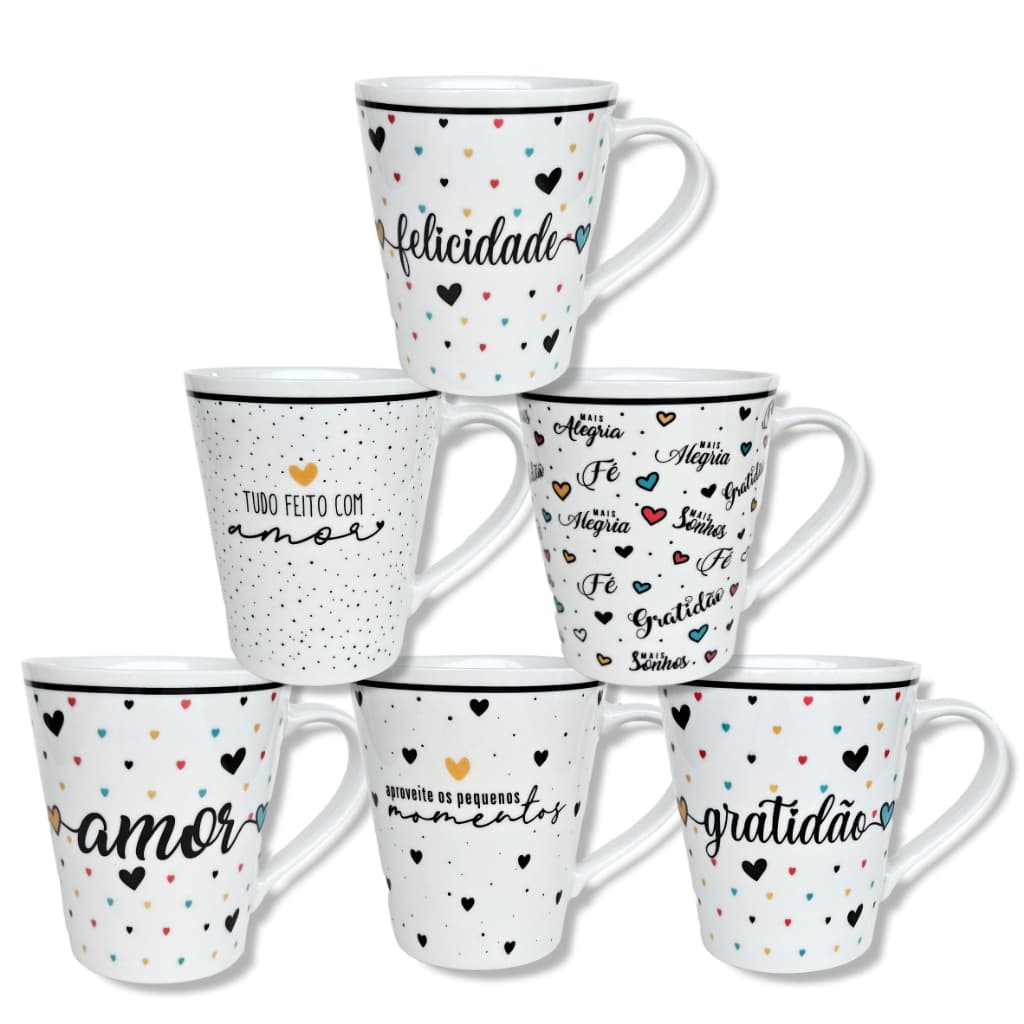 Canecas de porcelana brancas, decoradas, cônicas, 290 ml, xícara, café, chá, Col1-Gratidão - 6 canecas