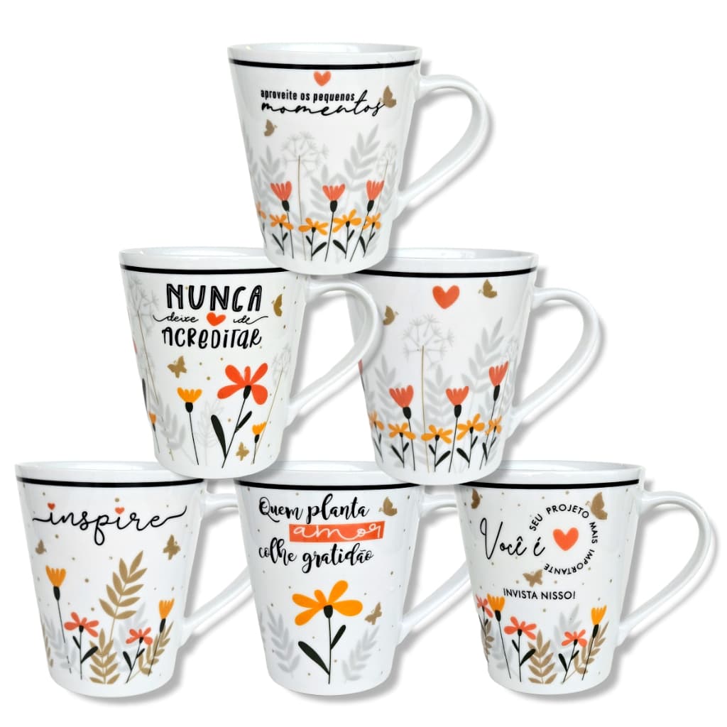 Canecas de porcelana brancas, decoradas, cônicas, 290 ml, xícara, café, chá, Col1-Floral - 12 canecas