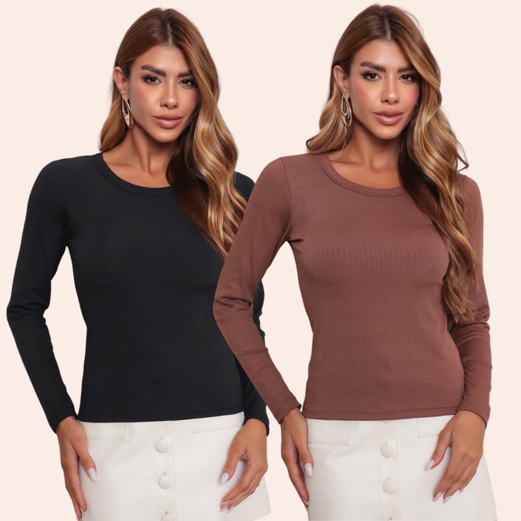 Kit 2 Blusa Feminina Manga Longa Gola Redonda Canelada Segunda Pele Basica Outono/Inverno