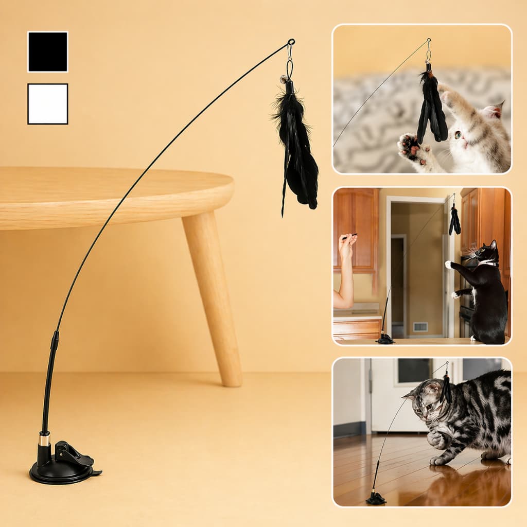 Brinquedo Interativo Varinha Pena Com Ventosa Com Sino Fixa No Chão Parede Para Gatos Adultos e Filhotes