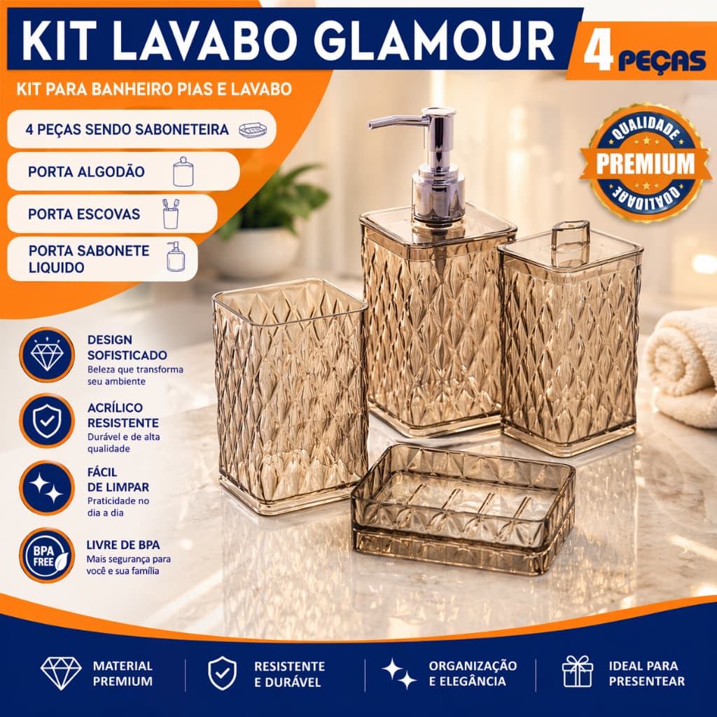 Kit Banheiro Lavabo 4 Peças Glamour Organizador Pia Decoração Luxo Plasútil Cristal E Cobre
