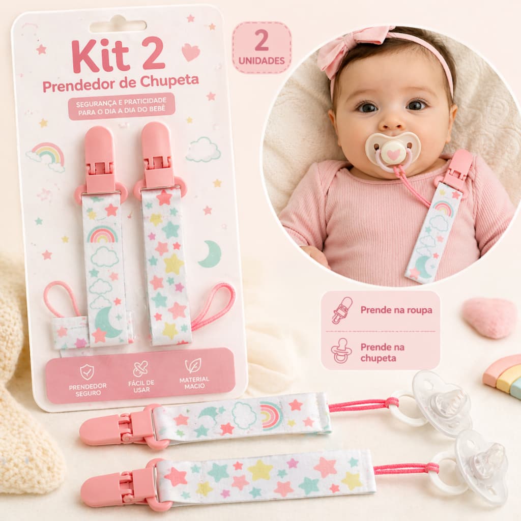 Kit 2 Prendedores Chupeta Estrelas Buba Clipe Trava Seguro INMETRO BPA Free Azul Rosa
