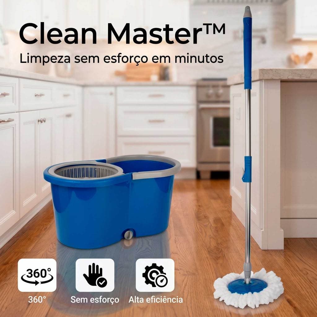 Mop Giratório Clean Master Pro 360° Balde 13L Plástico Reforçado Esfregão Microfibra Limpeza Fácil