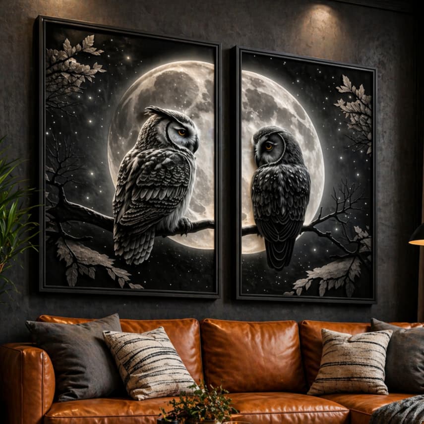 Quadro Decorativo 2 Peças Corujas Casal Amor Noturno Luar Decoração Sala Quarto