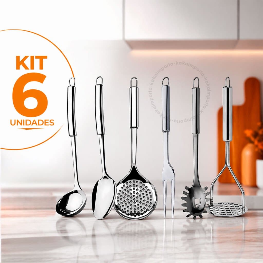 Kit 06 Utensílios De Cozinha Inox Escumadeira Concha Colher De Arroz Pegador De Massa Garfo Longo Amassador Batata