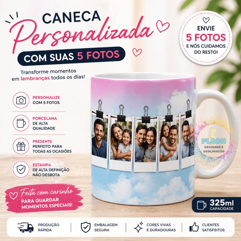 Caneca com Foto Personalizada 325ml – Presente Criativo (5 Fotos)