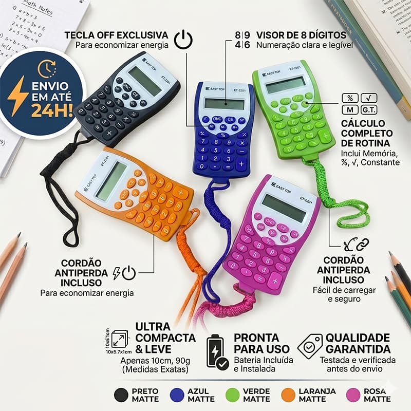 Mini Calculadora de Bolso 8 Dígitos Portátil com Cordão – Ideal para Estudantes – Bateria Inclusa