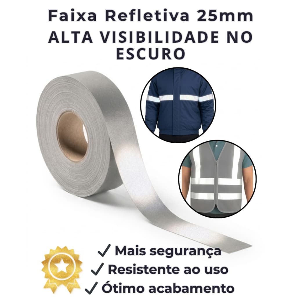 Fita Faixa Refletiva Cinza 25mm com 10 Metros – Alta Visibilidade para Uniformes e Segurança